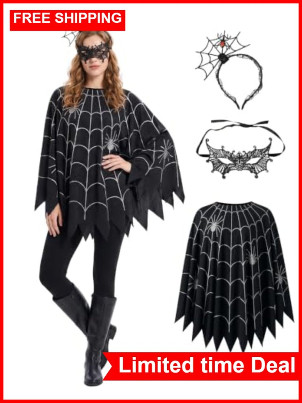 Spider Web Poncho Costume Set with Lace Mask & Headband One Size Halloween